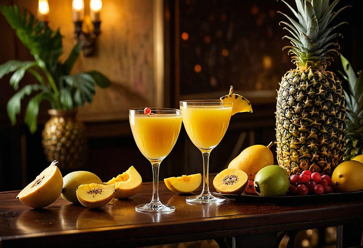 A seductive scene featuring a bottle of rich, golden banana liqueur surrounded by exotic fruits and sensual cocktail glasses. Soft, warm lighting accentuates the textures of the fruit, while a subtle, blurred background of animated figures adds an artistic flair. The atmosphere is inviting and vibrant, evoking a sense of passion and creativity in mixology. tropical aesthetic. super-realistic. vibrant colors.