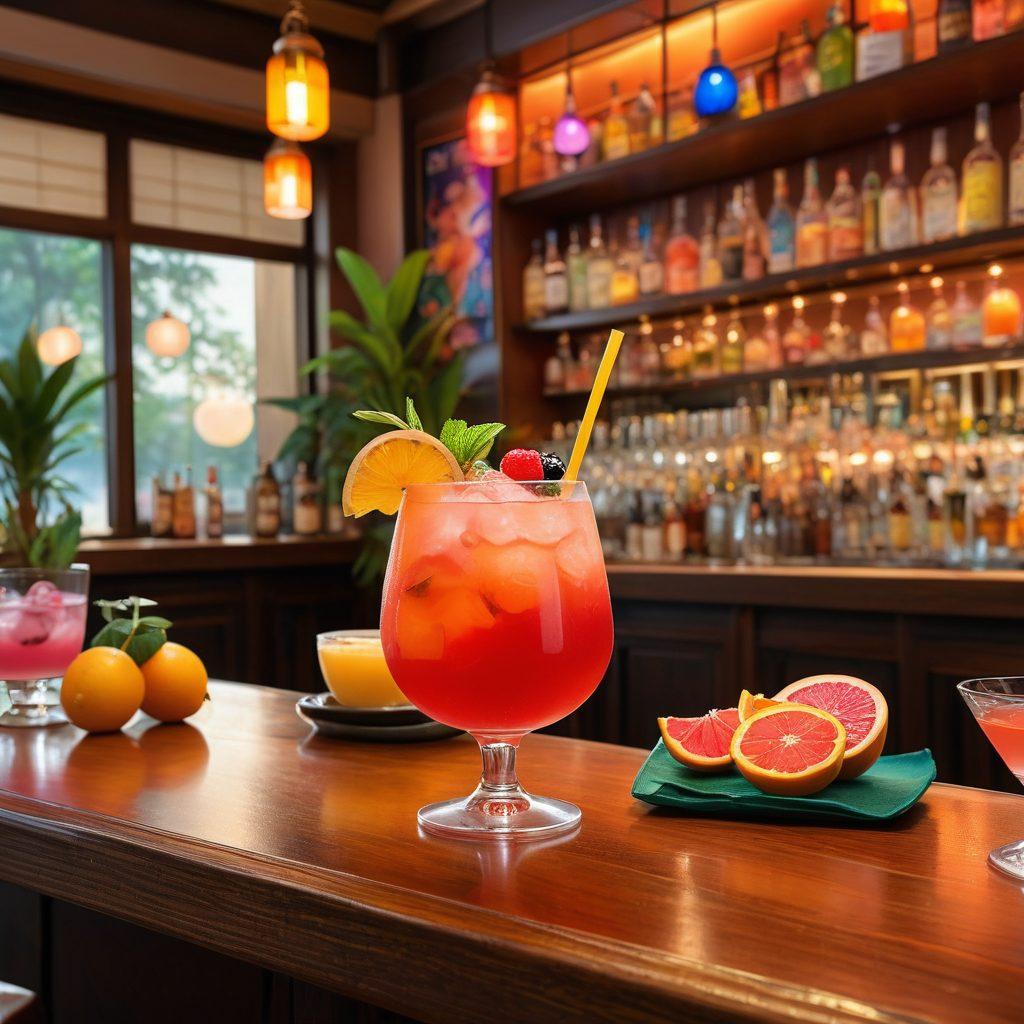 A vibrant, fantasy-inspired bar scene showcasing an imaginative, colorful cocktail adorned with anime-themed garnishes, surrounded by playful hentai art characters enjoying their drinks. The background features a fusion of Japanese anime aesthetics with exotic beverage elements like fruit slices and elegant glassware. Incorporate a warm, inviting atmosphere with soft lighting that highlights the juicy colors of the drinks. Aim for a whimsical, playful style that captures the essence of the blog title. super-realistic. vibrant colors. painterly.